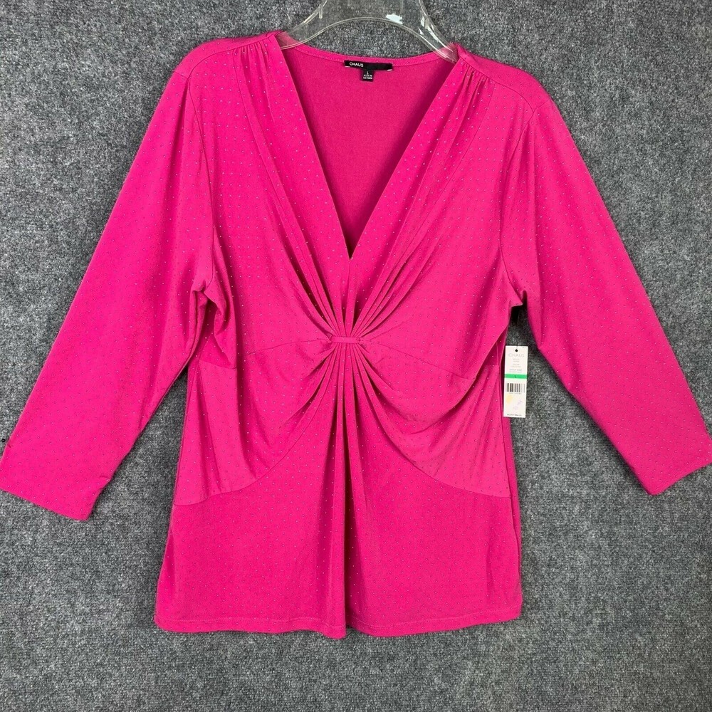 Chaus Drape Front Top NWT Women L Pink 3/4 Sleeve Tiny Gold Dots